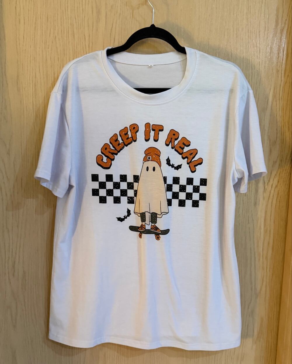 Creep It Real Ghost Skateboard Halloween Graphic T-Shirt XL White